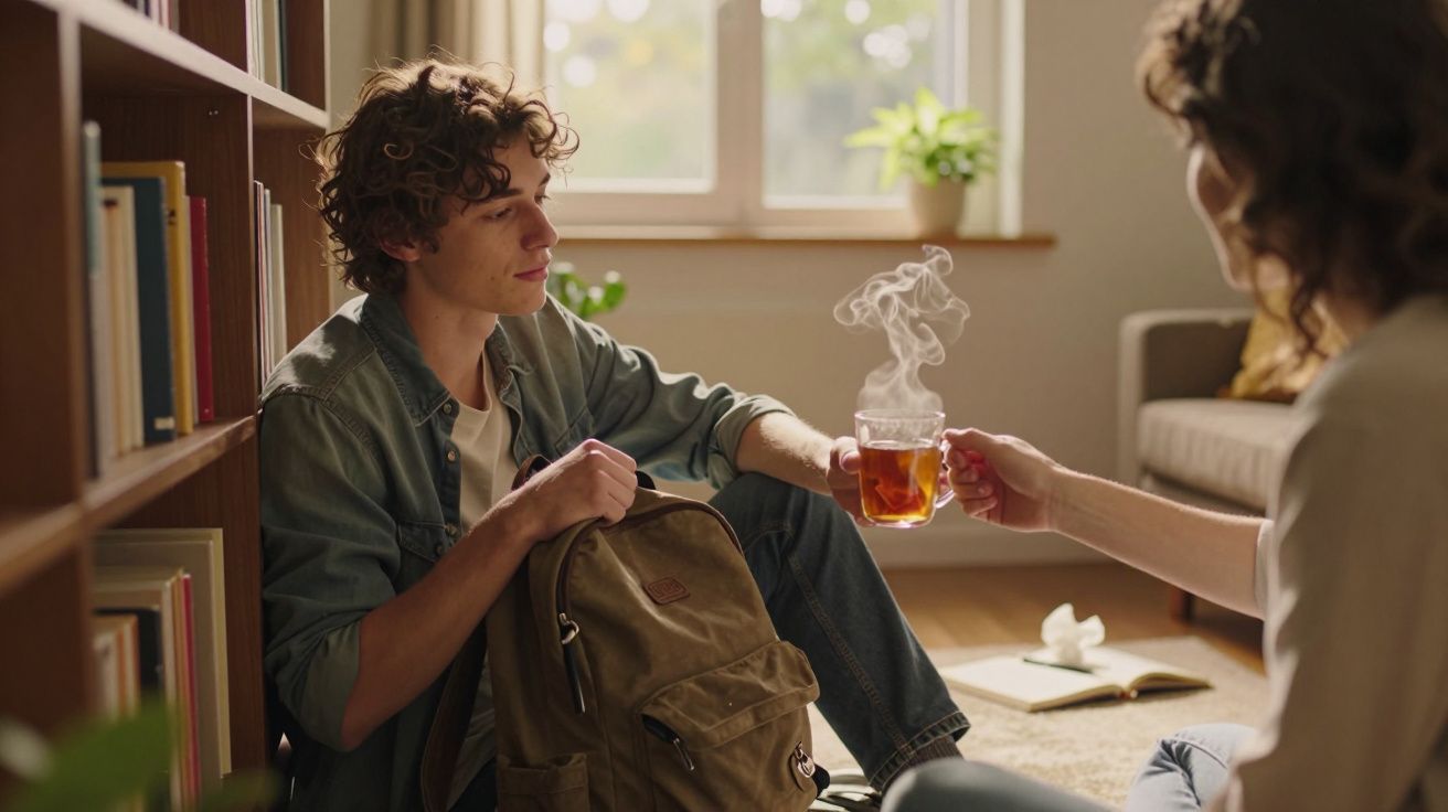 Rapaz sentado no chão recebe chá fumegante entregue por outra pessoa num ambiente acolhedor.
