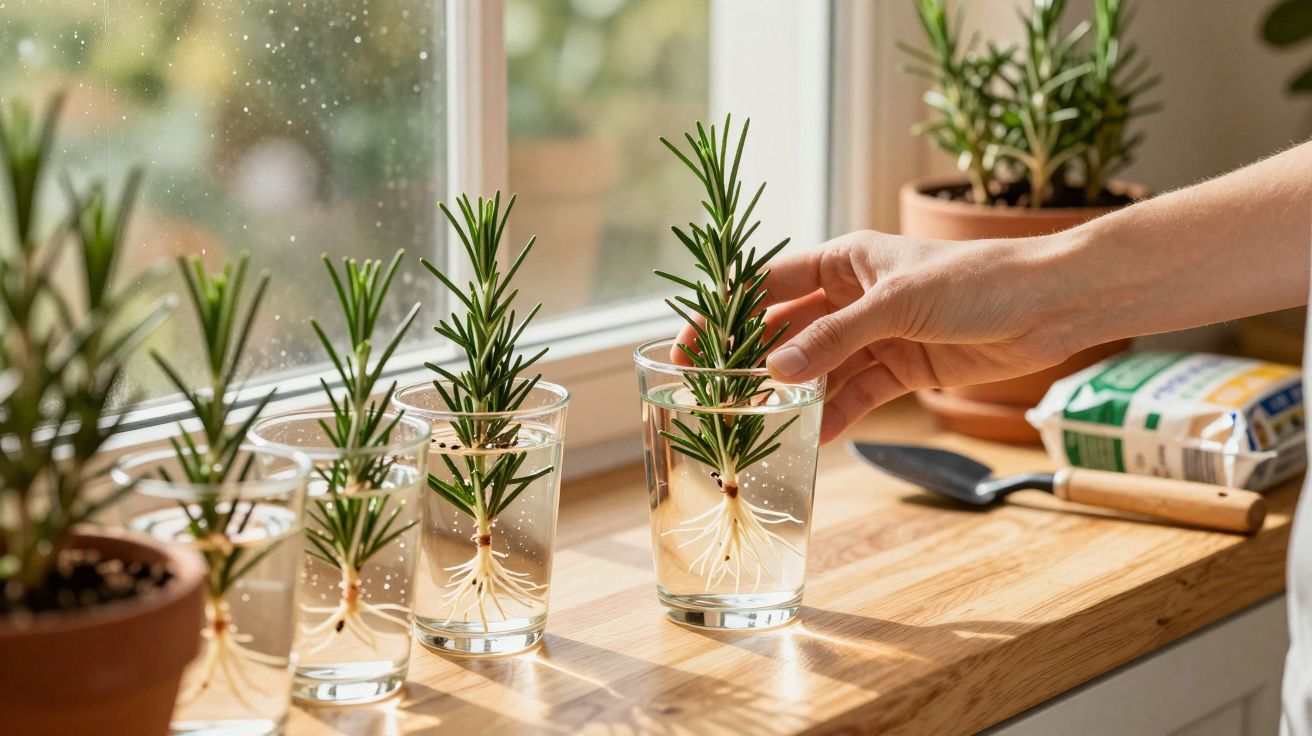 Mão a colocar ramo de alecrim com raízes em copo com água numa janela iluminada.