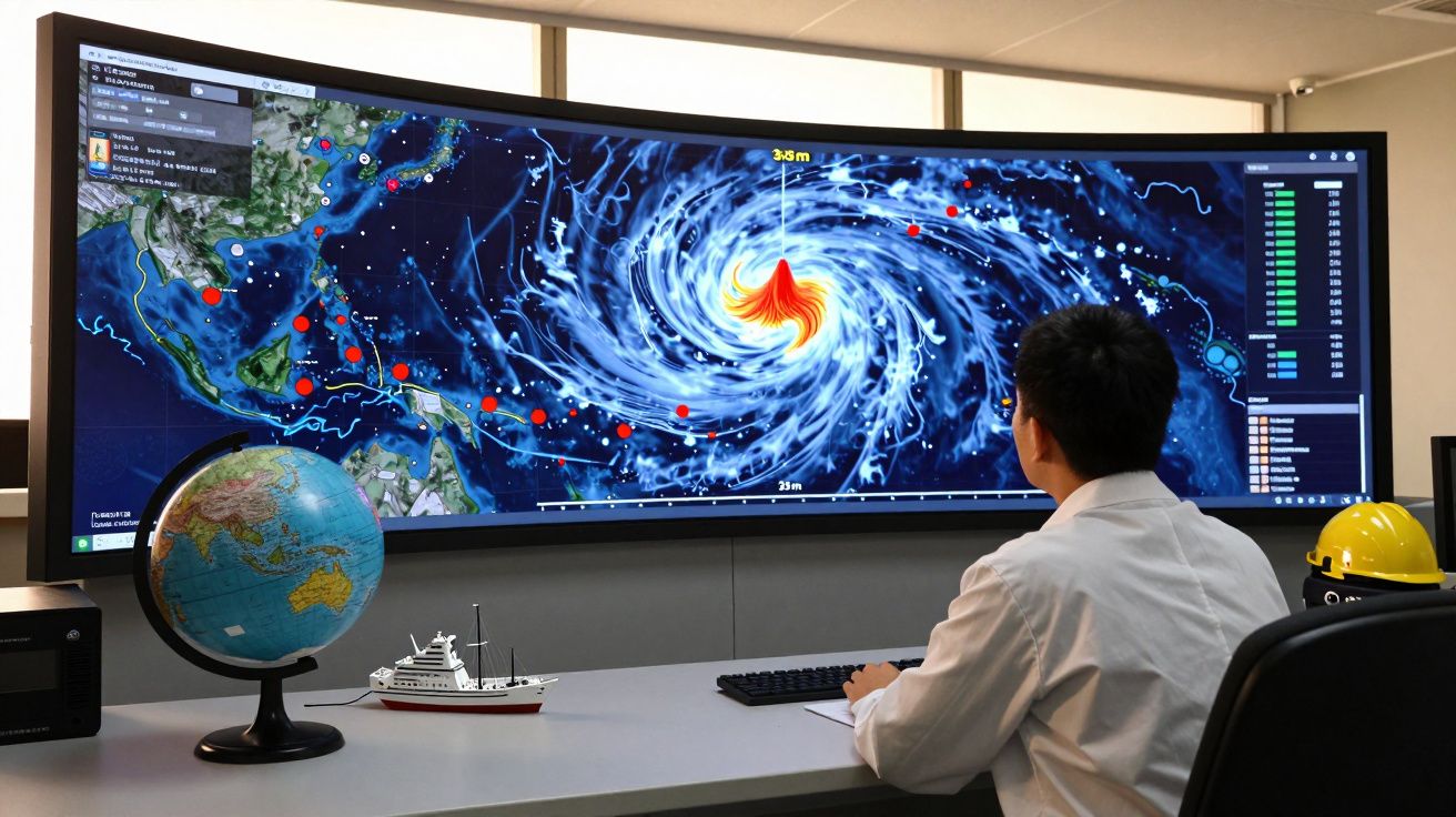 Pessoa sentada a analisar num ecrã curvo um mapa satélite com um ciclone e indicadores meteorológicos.