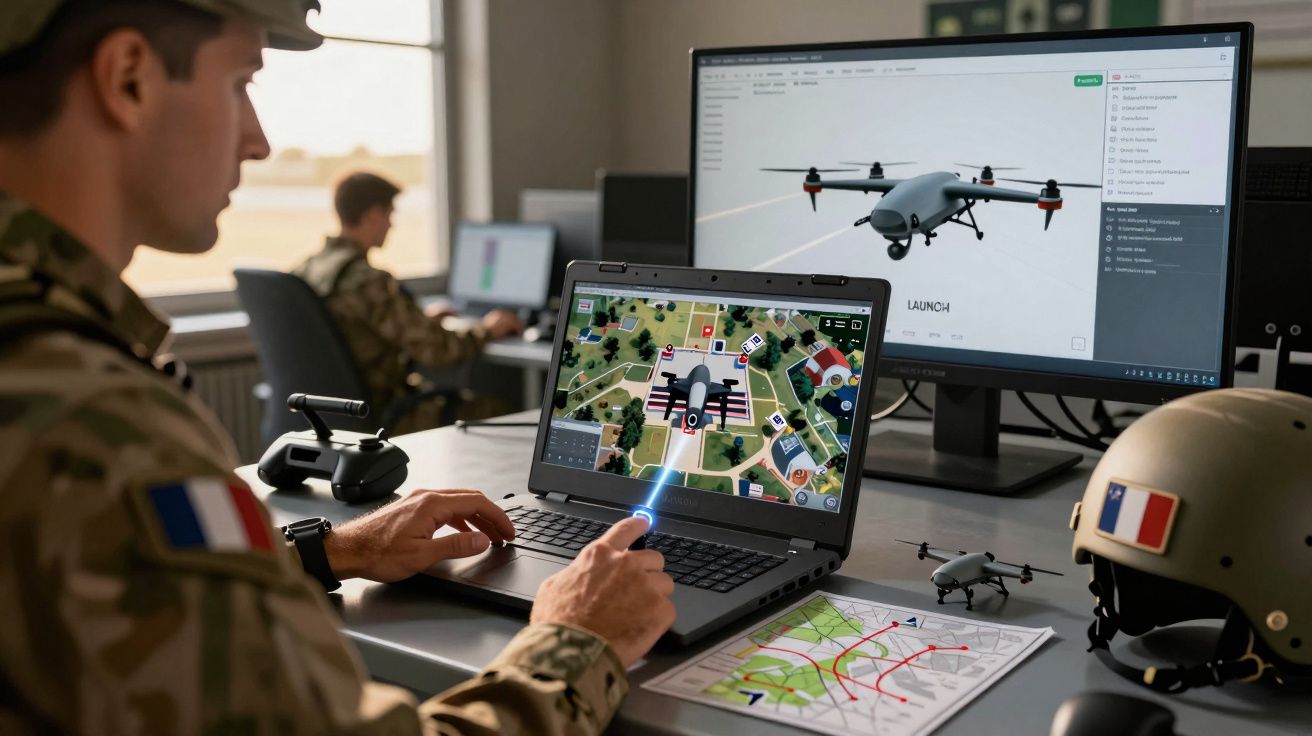 Militar francês operando drone por computador com mapas e equipamento numa sala de comando.