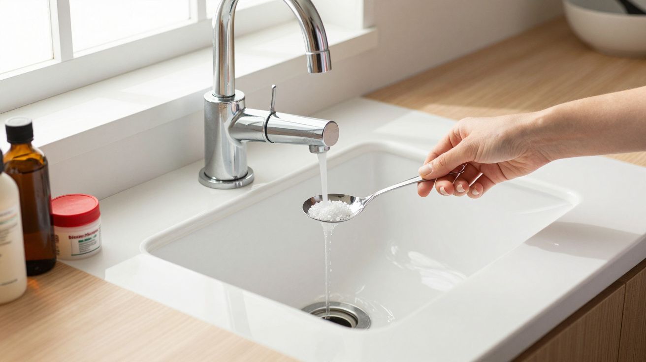 Mão a segurar colher com pastilhas efervescentes sob água corrente numa pia branca numa cozinha iluminada.
