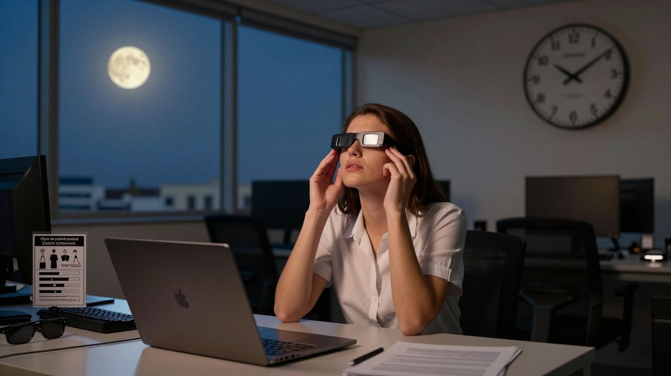 Mulher de óculos 3D sentada à mesa do escritório à noite, com lua cheia visível pela janela.