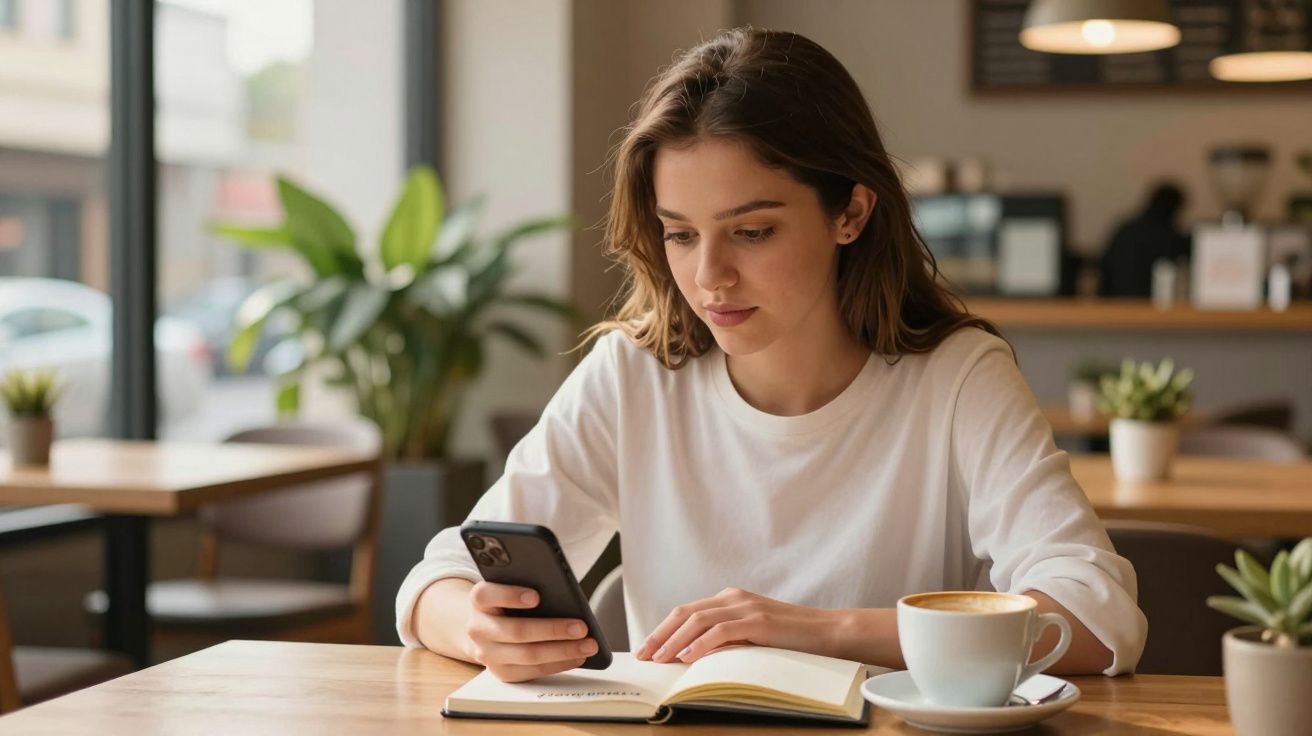 Jovem sentada numa cafeteria a ler um livro e a usar o telemóvel, com uma chávena de café ao lado.