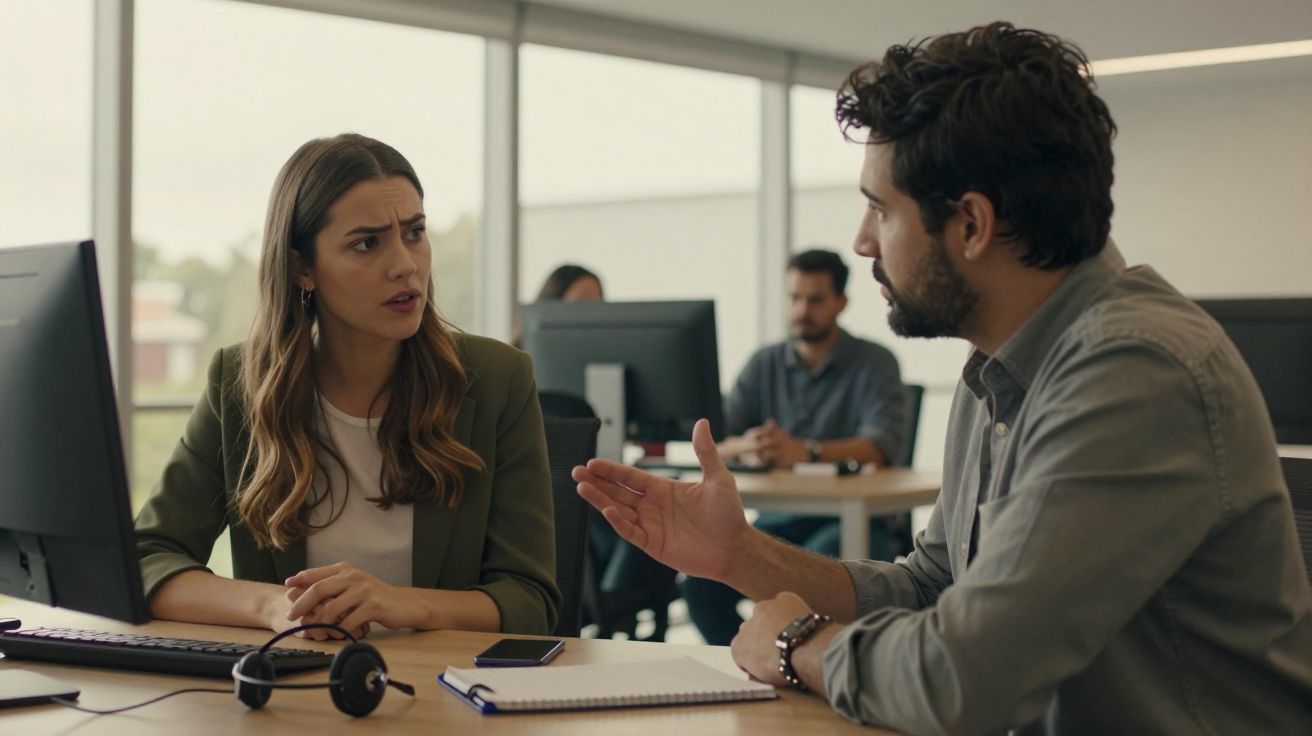 Mulher e homem discutem seriamente em escritório moderno com computadores e outros colegas ao fundo.