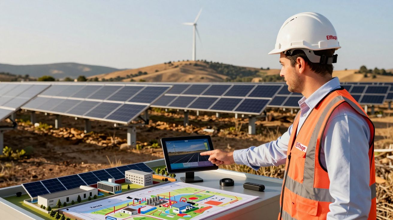Homem com capacete e colete analisa maquete e painéis solares em campo com turbina eólica ao fundo.
