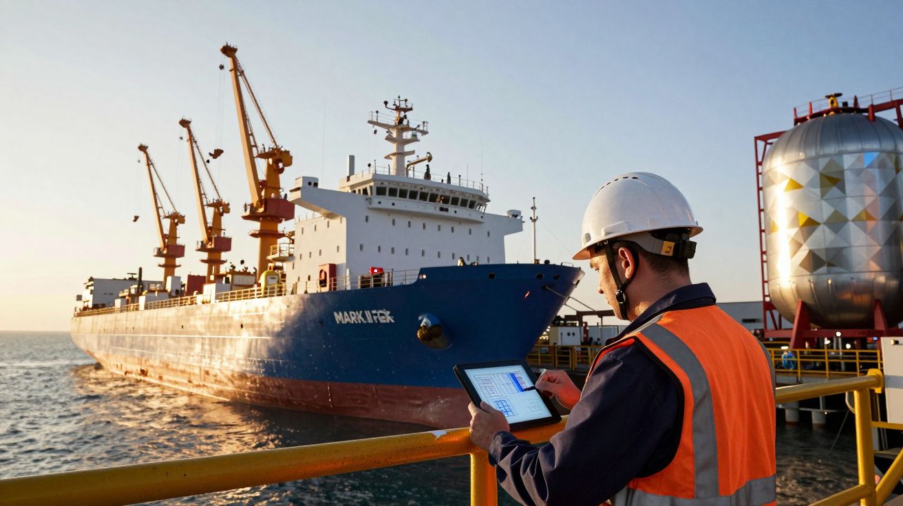 Homem com capacete e colete laranja verifica dados numa tablet junto a um navio cargueiro no porto ao pôr do sol.