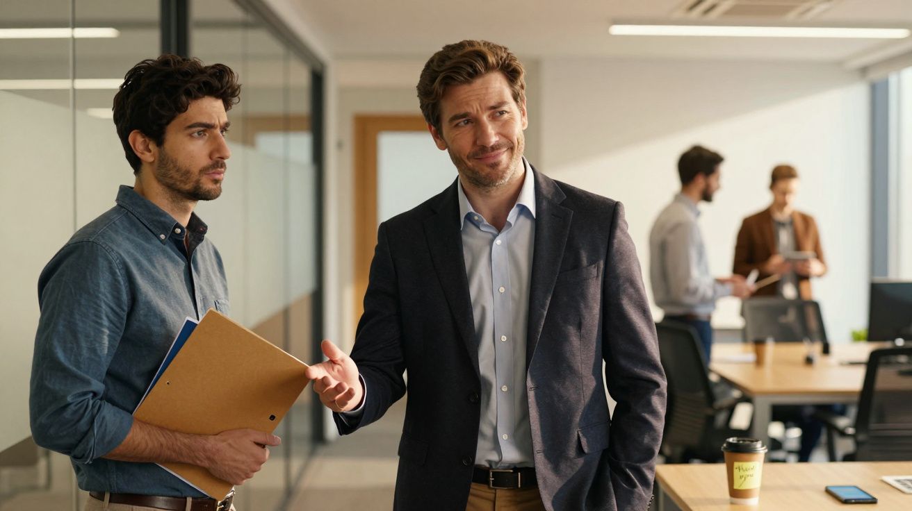 Dois homens de negócios conversam em escritório moderno com colegas ao fundo.