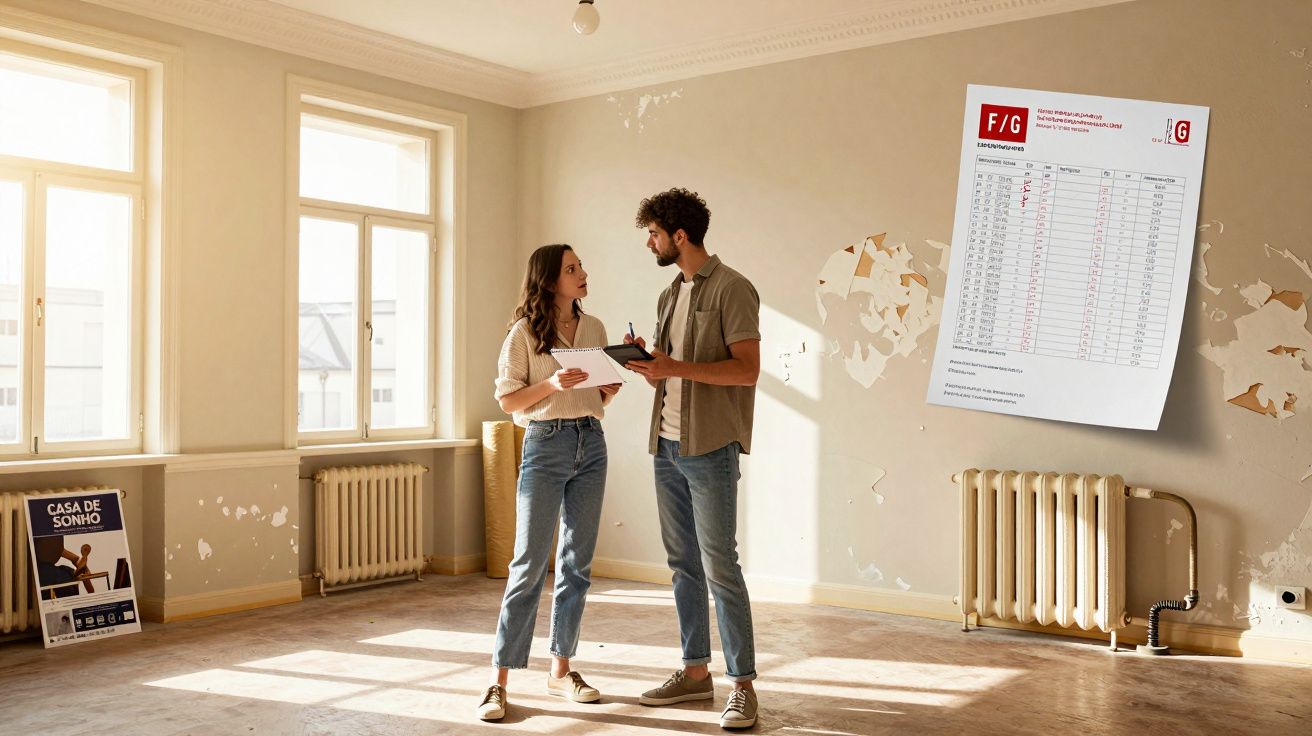 Casal jovem a inspecionar e discutir uma casa antiga para renovação, com luz natural a entrar pelas janelas.