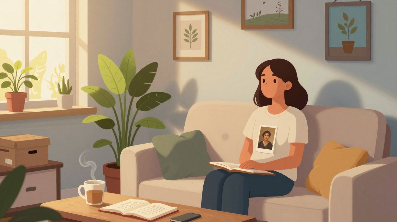 Mulher sentada no sofá a ler livro numa sala com plantas, almofadas e luz natural a entrar pela janela.