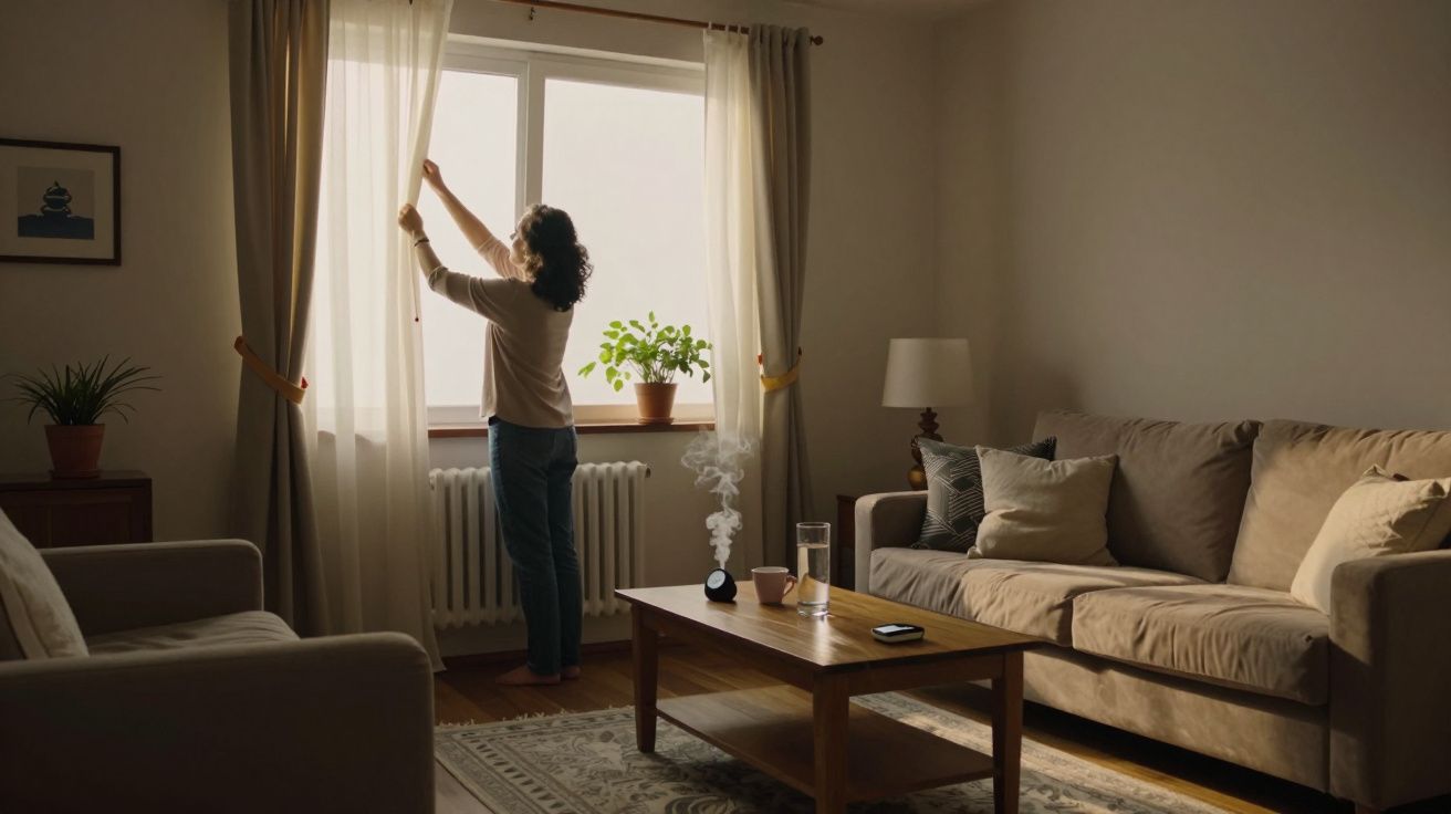 Mulher a abrir a cortina numa sala acolhedora com sofá, mesa de centro, planta e difusor aromático.