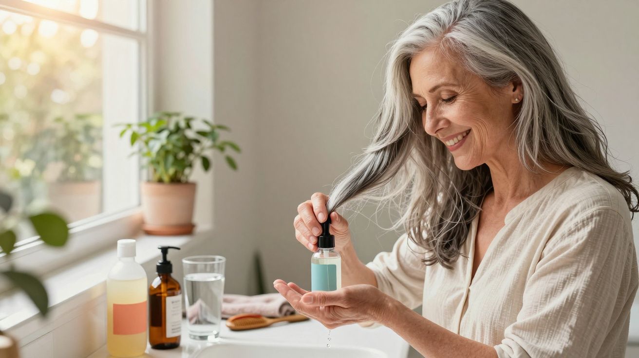 Mulher sorridente aplica óleo capilar num cabelo cinzento num ambiente luminoso de casa de banho.
