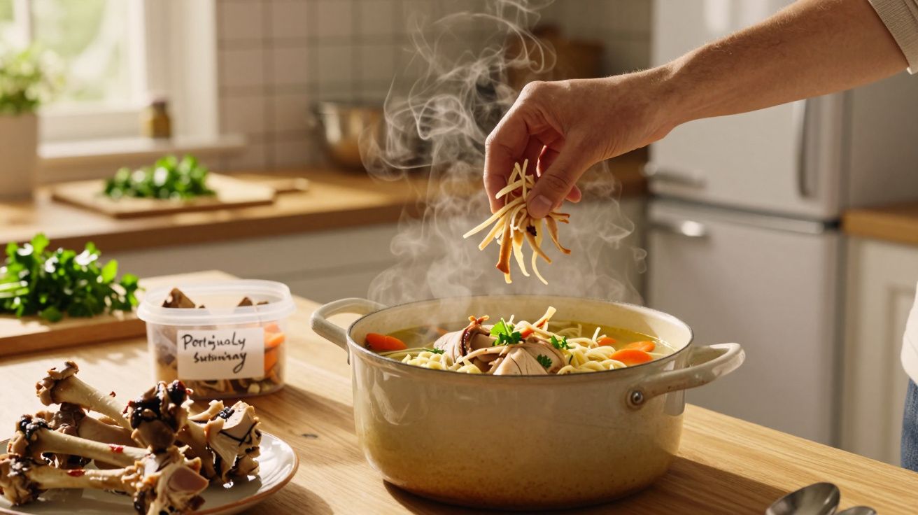 Mão a adicionar noodles a panela quente com sopa, com vapor, numa cozinha iluminada e organizada.