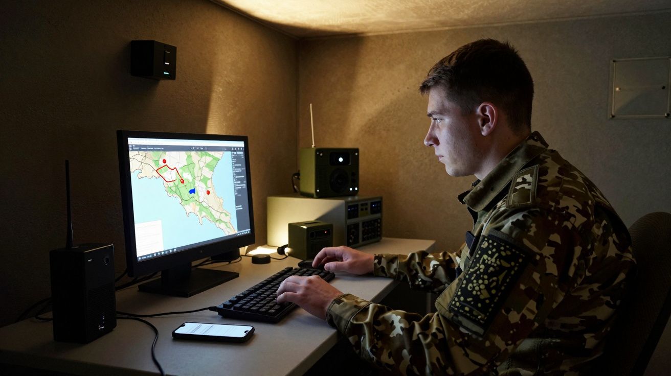 Militar em uniforme camuflado a analisar um mapa digital no ecrã de um computador num escritório escuro.