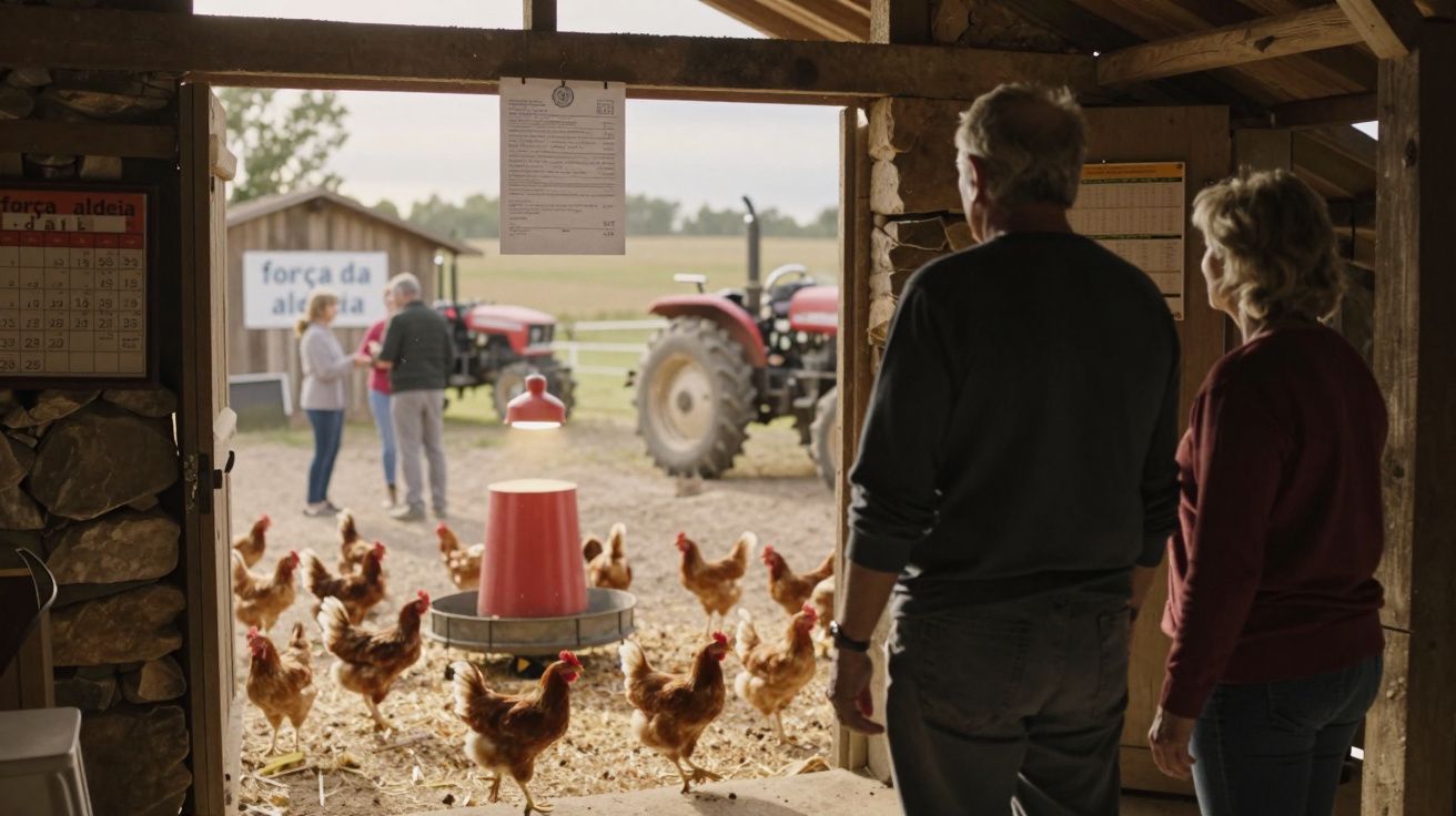 Casal observa galinhas num galinheiro, com tratores e pessoas ao fundo numa quinta rural.