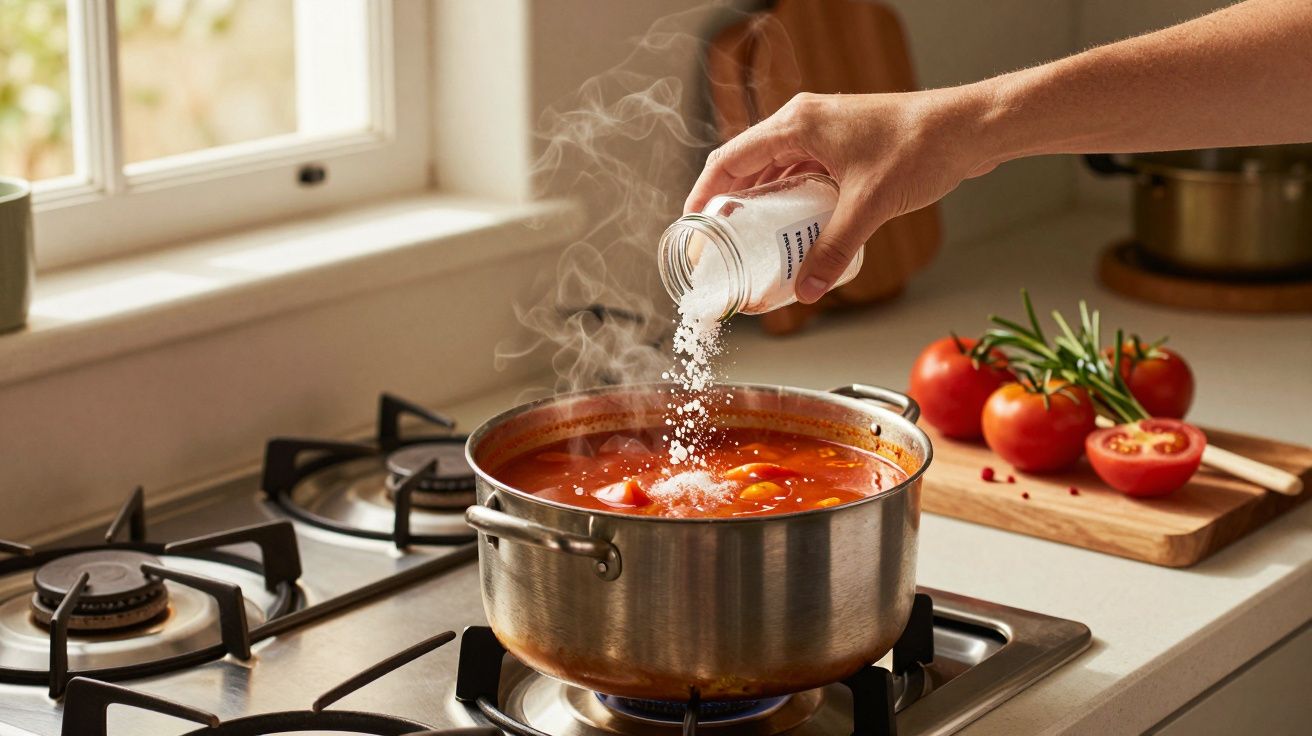 Mão a temperar sopa quente com sal num tacho em fogão, ao lado tomates e ervas numa tábua de cozinha branca.