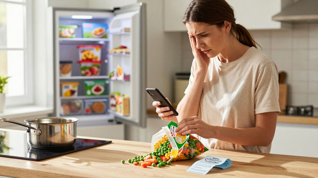 Mulher preocupa-se ao consultar telemóvel com legumes congelados derramados na cozinha.