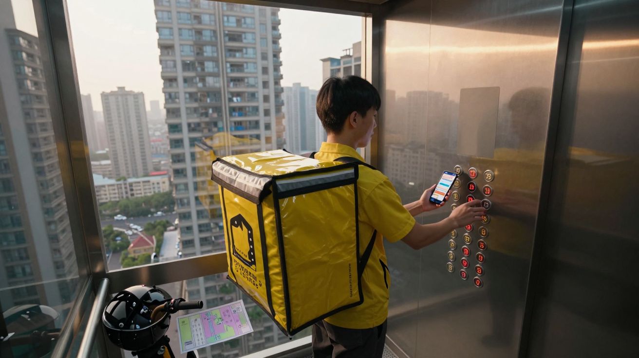 Entregador com mochila amarela num elevador, a carregar uma encomenda e a usar um smartphone.