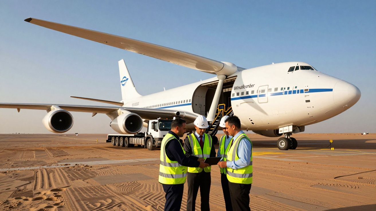 Quatro homens de colete refletor junto a um avião cargueiro estacionado numa área desértica.