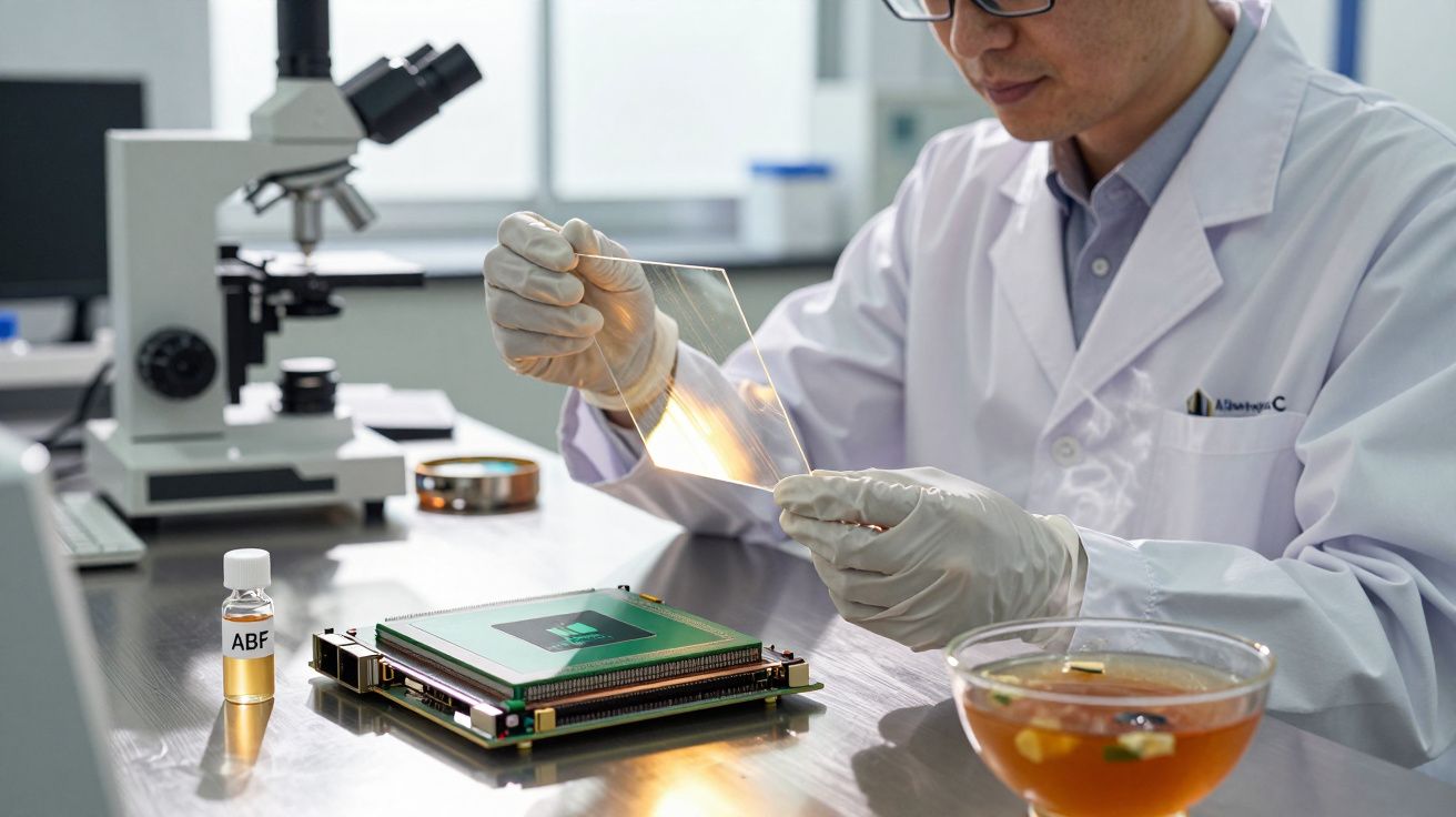 Cientista com bata e luvas analisa lâmina de vidro em laboratório com equipamento de microscópio e placa eletrónica.