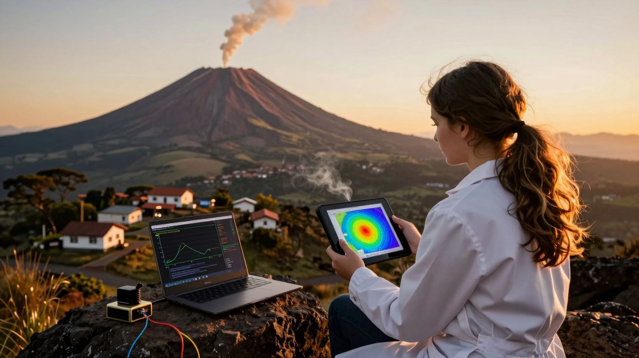 Cientista com bata branca analisa dados de vulcão em erupção, com laptop e tablet ao ar livre.