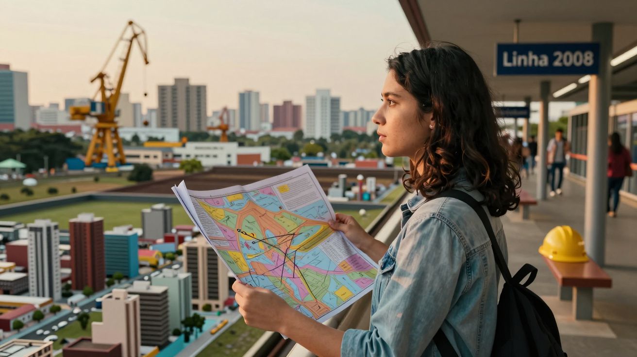 Mulher com mochila observa mapa colorido em varanda com vista para maquete urbana e guindaste.