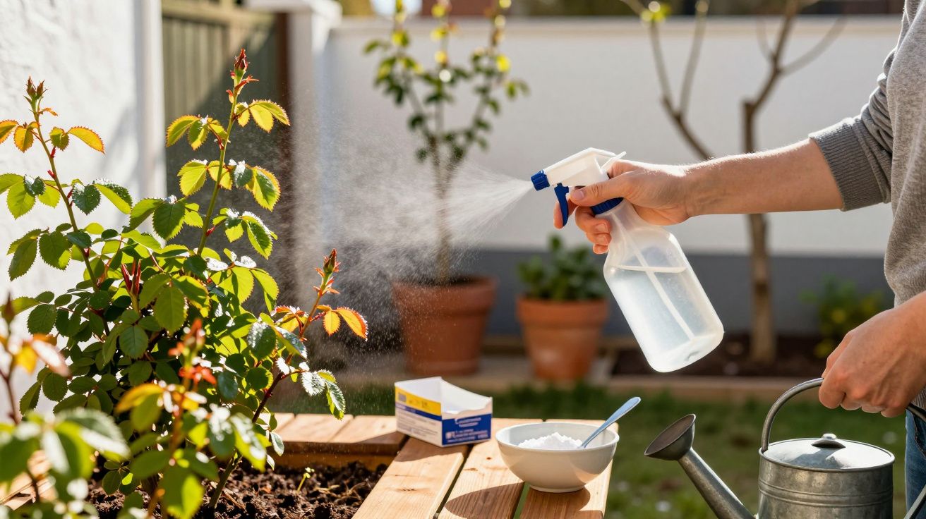 Pessoa a pulverizar plantas com mistura caseira em jardim exterior, com regador e recipiente com pó branco.