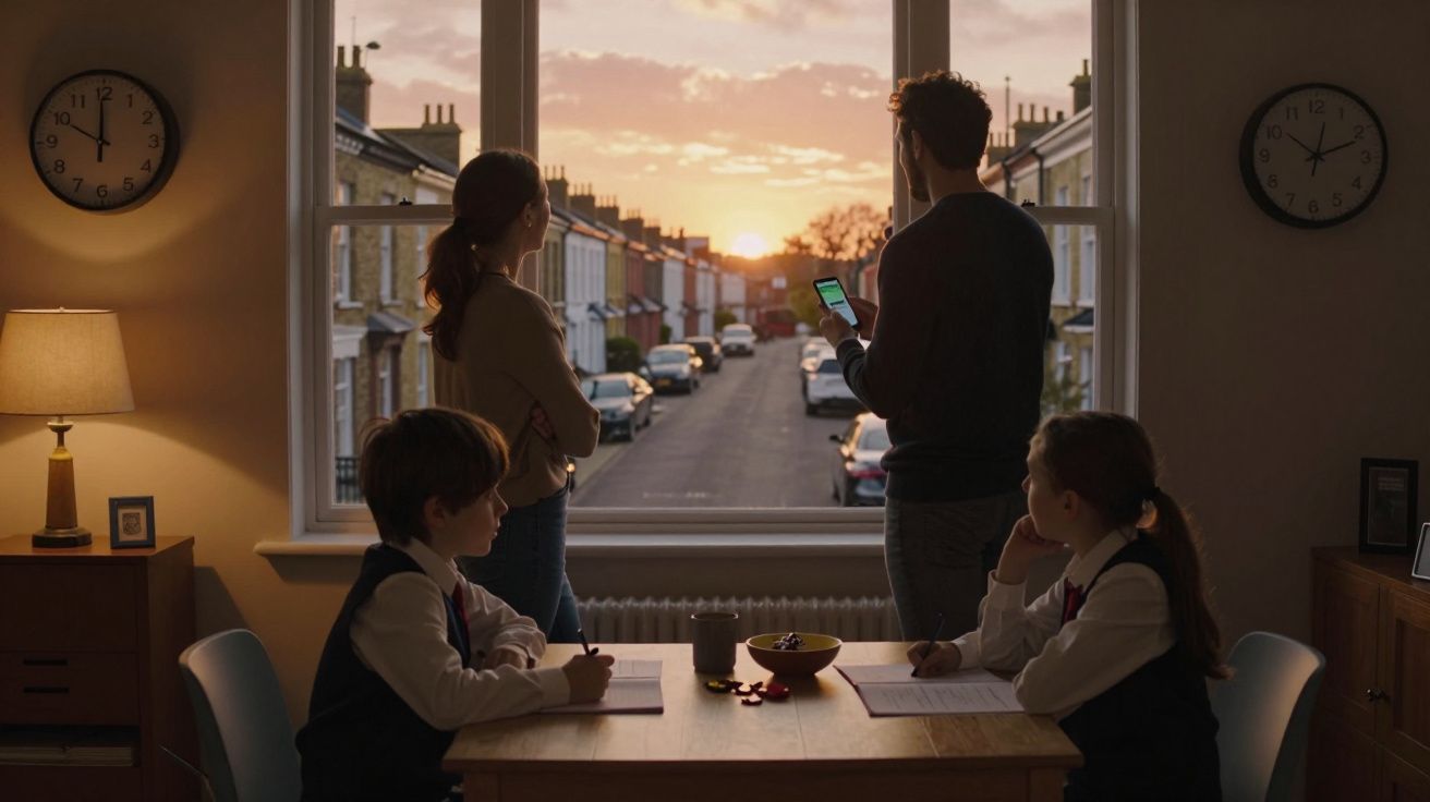 Família dentro de casa ao entardecer, crianças fazem os deveres e adultos olham para o céu pela janela.