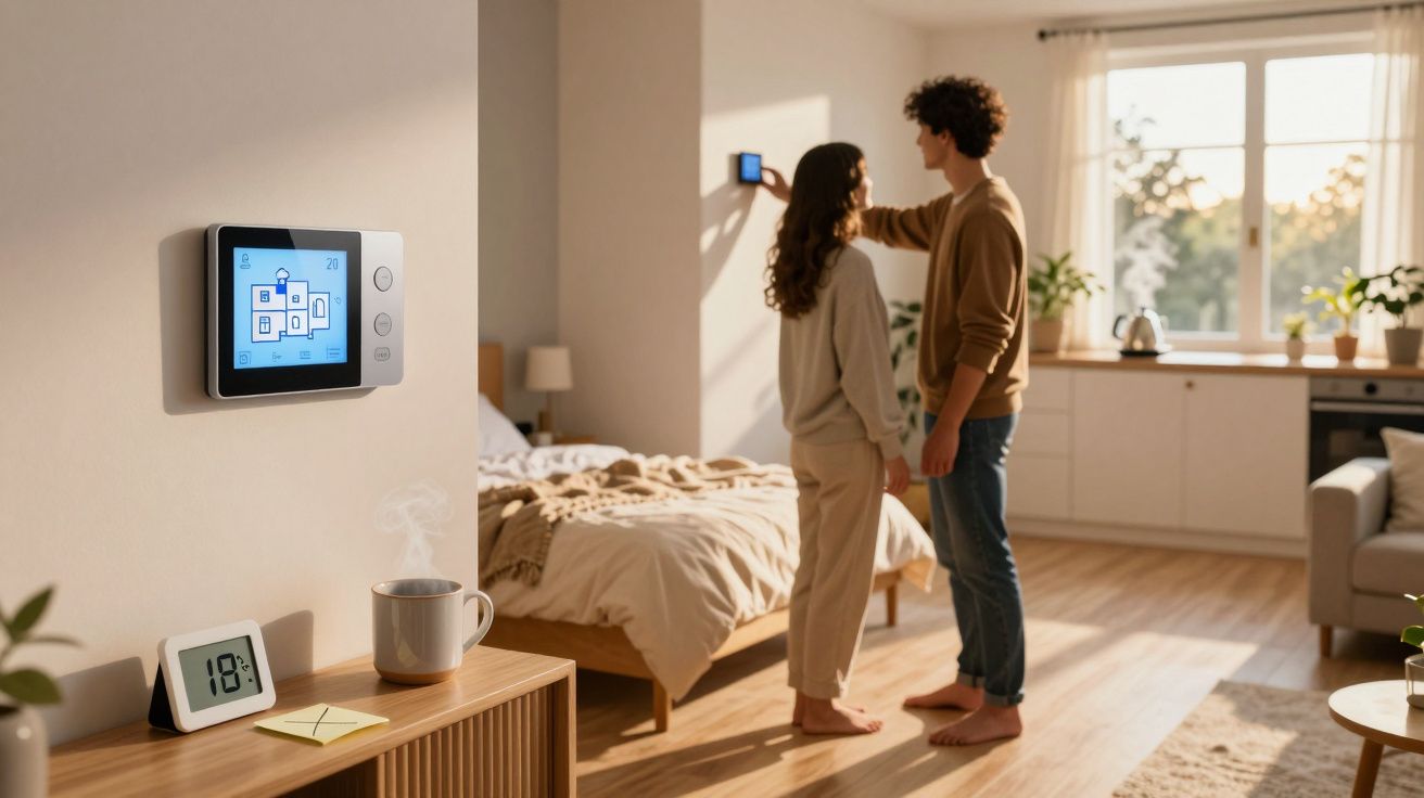 Casal a ajustar termostato digital num quarto luminoso com decoração moderna e minimalista.