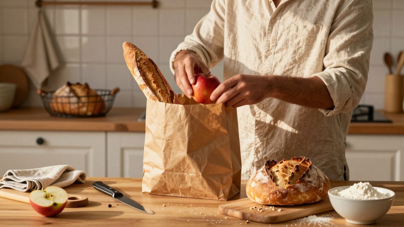 Pessoa a colocar maçã numa sacola de papel com pão numa bancada de cozinha bem iluminada.