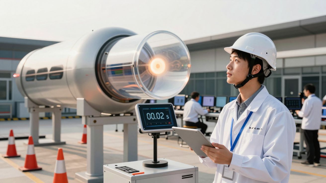 Engenheiro com capacete observa máquina futurista em laboratório ao ar livre, analisando dados num tablet.