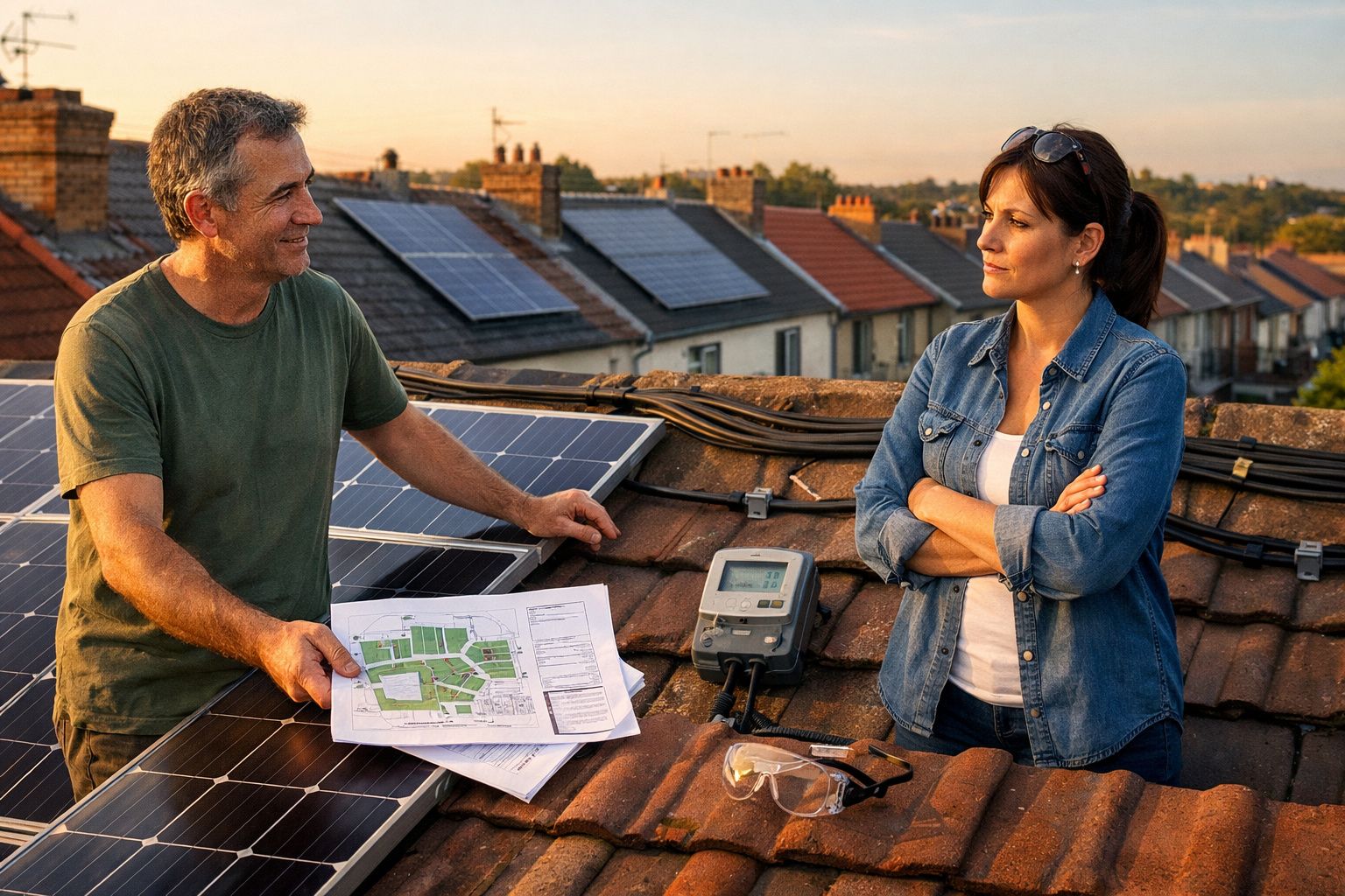Dois adultos em telhado com painéis solares, analisando planta e equipamento de energia solar ao pôr do sol.