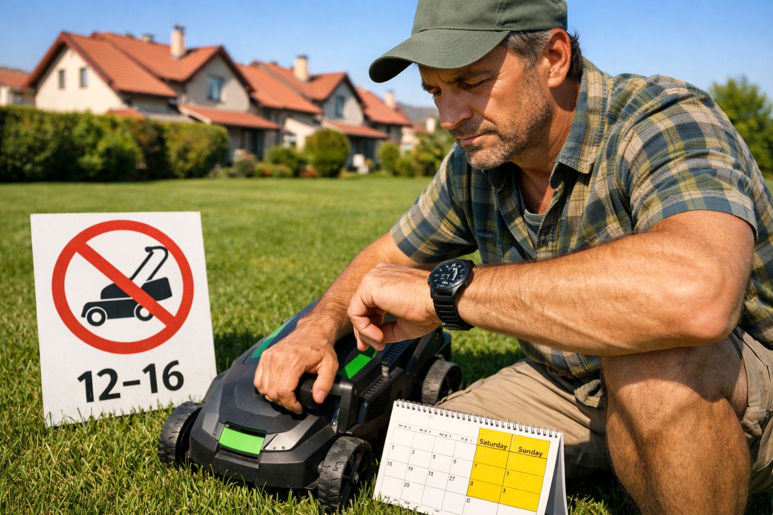 Homem sentado na relva com robot cortador de relva, calendário e placa de proibição de cortar relva das 12 às 16 horas.
