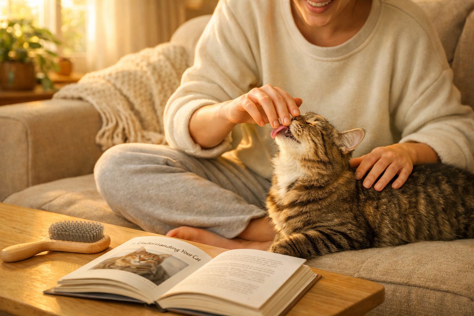 Pessoa a dar petisco a gato num sofá, com livro e escova numa mesa à frente.