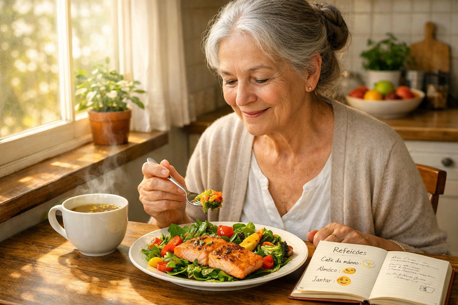 Mulher idosa a almoçar salmão grelhado e legumes com sopa ao lado, em ambiente de cozinha iluminada.