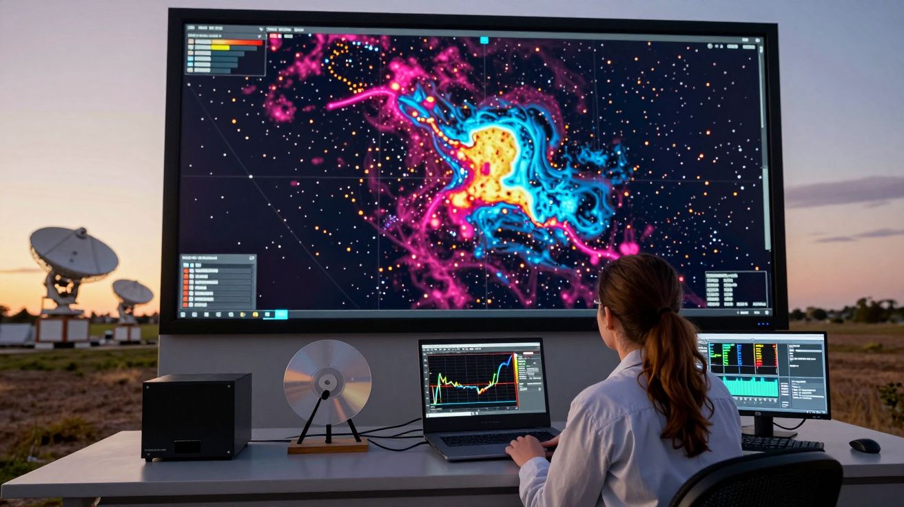 Mulher científica observa mapa cósmico colorido em grande ecrã ao ar livre perto de antenas parabólicas ao pôr do sol.