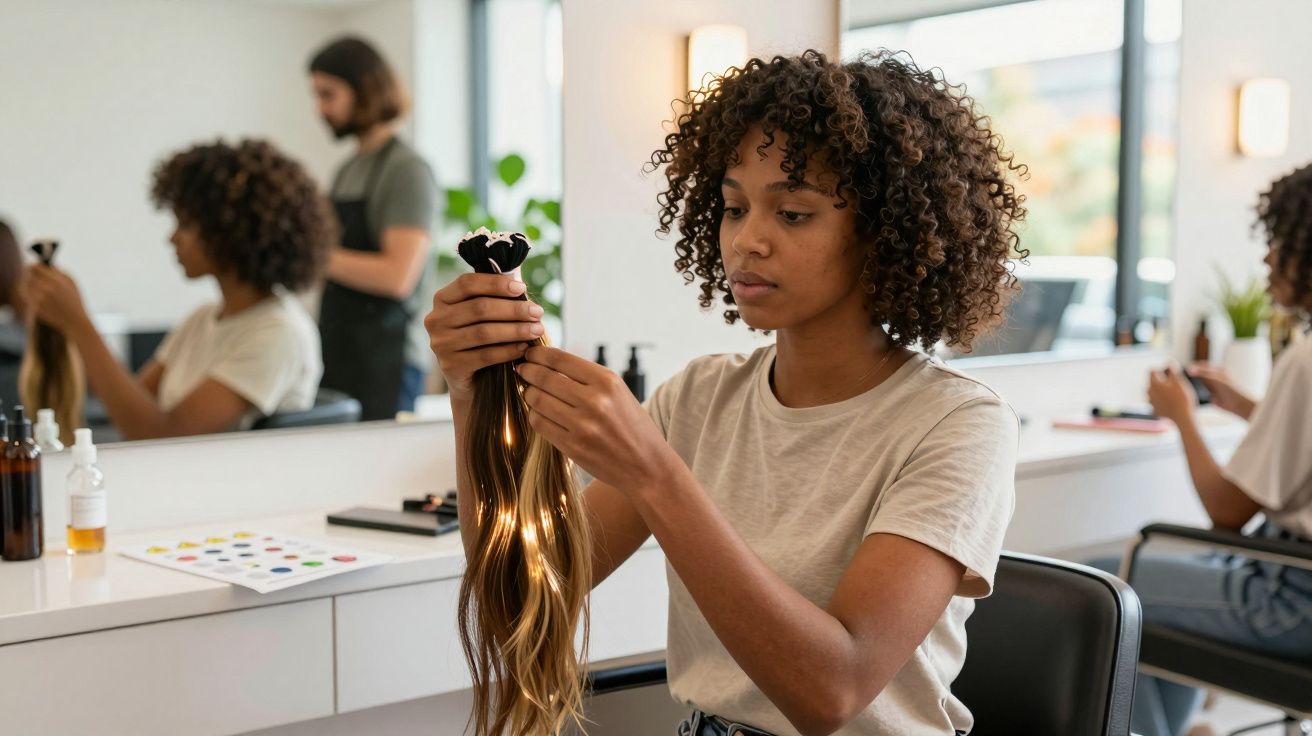 Mulher afro a segurar uma extensão de cabelo castanho claro dentro de um salão de beleza moderno.