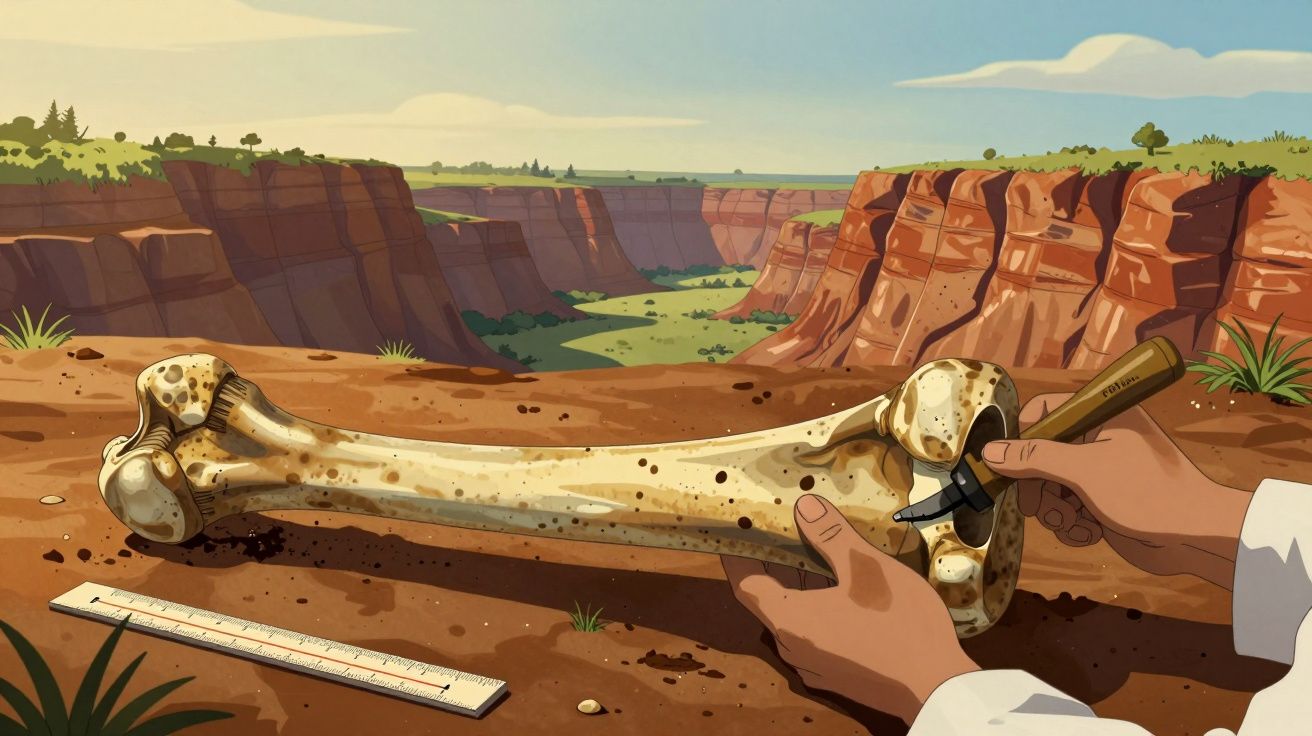 Mãos a escavar um grande osso fossilizado num desfiladeiro com régua no chão para medir.