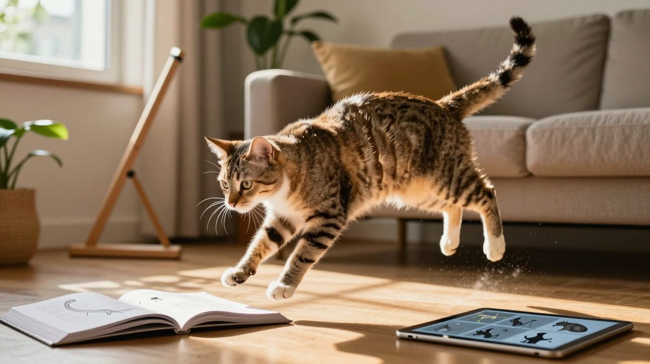 Gato tigrado a saltar dentro de uma sala iluminada, sobre um tapete, perto de um livro aberto e um tablet.
