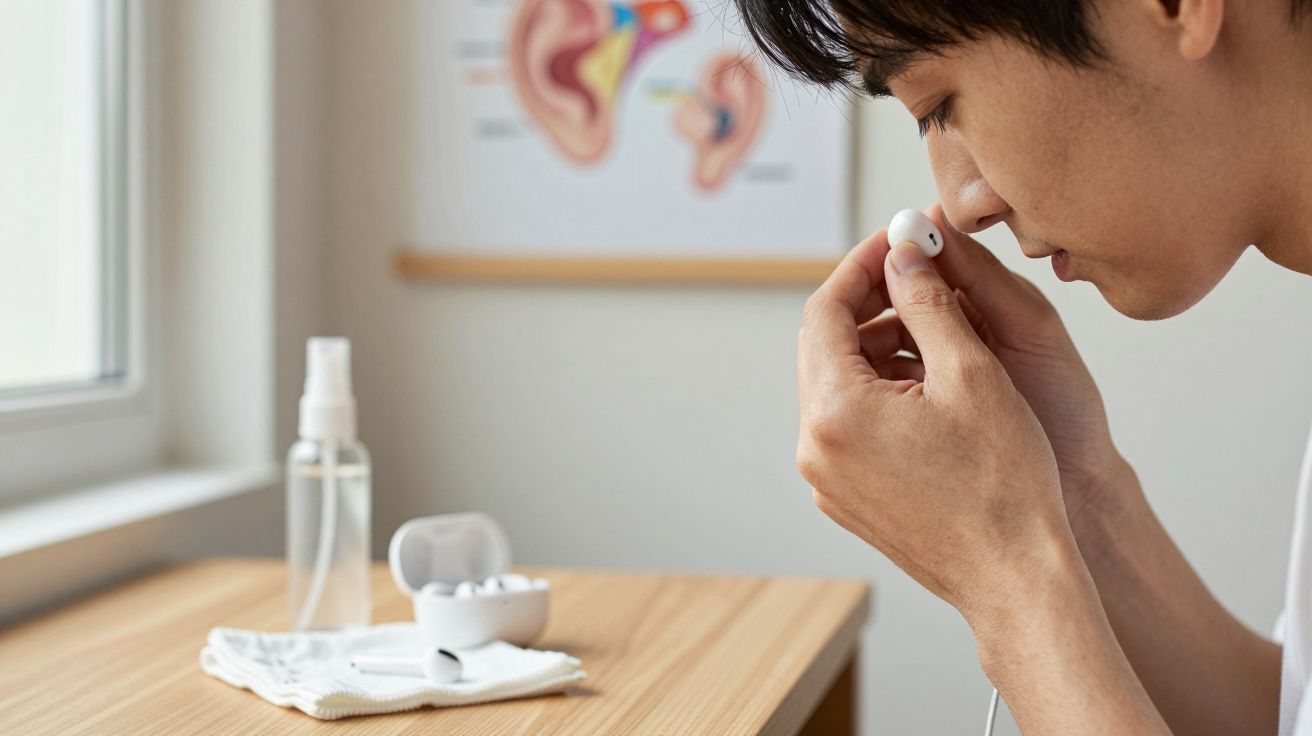 Homem a colocar auricular sem fios no ouvido num ambiente luminoso e organizado.