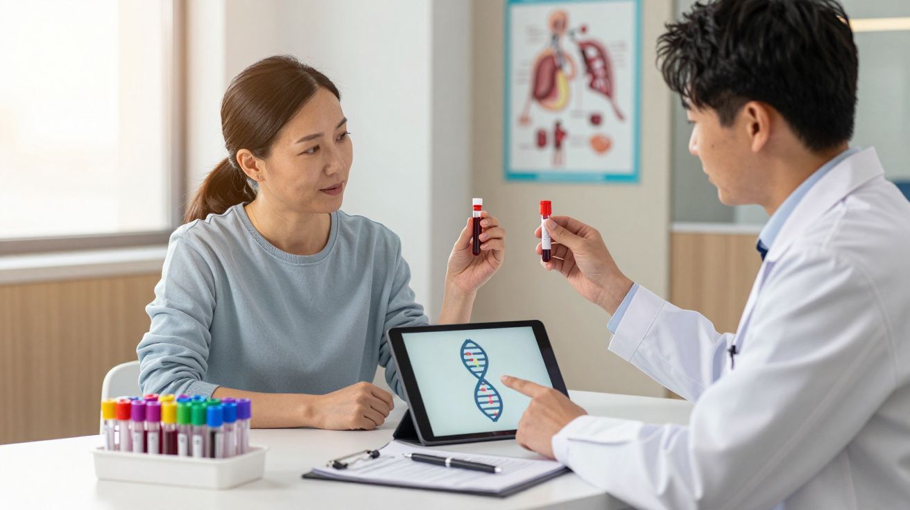 Médico explica teste genético a paciente segurando amostras de sangue num consultório clínico.