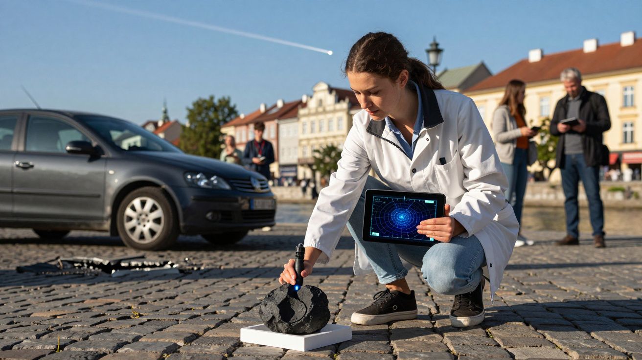 Cientista em bata branca examina meteorito numa praça urbana com carro e edifícios ao fundo.
