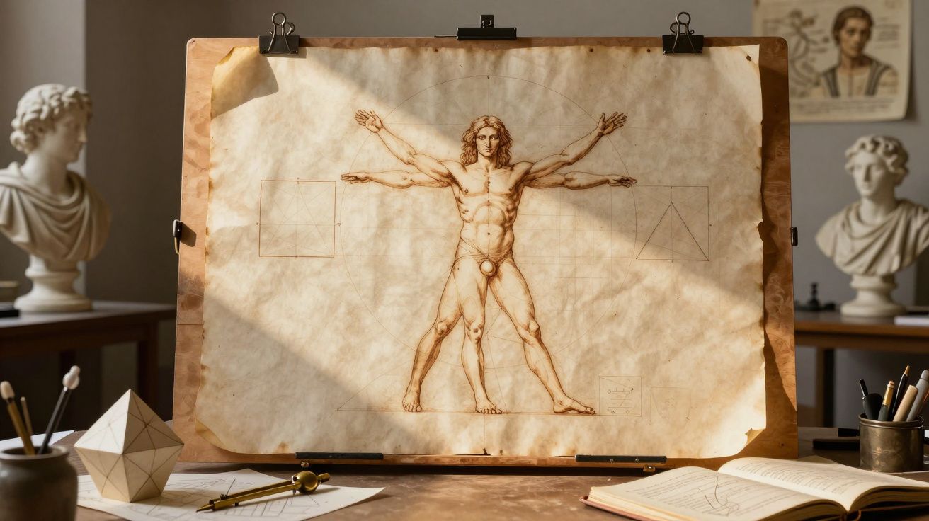 Desenho do Homem Vitruviano de Leonardo da Vinci numa mesa com ferramentas de desenho e estátuas clássicas ao fundo.