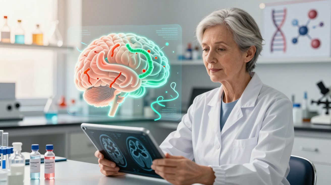 Cientista sénior analisa imagens cerebrais digitais num laboratório moderno e bem equipado.