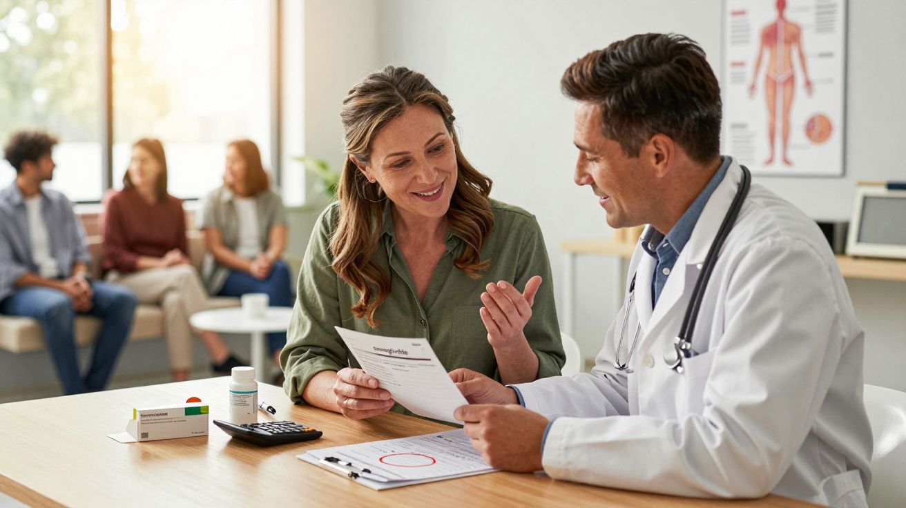 Médico e paciente a discutir resultados médicos num consultório com outras pessoas em espera ao fundo.