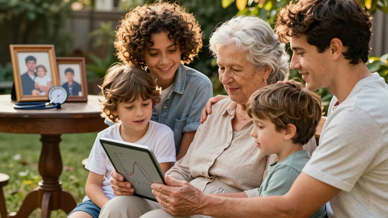 Avó rodeada pelos quatro netos, todos sorrindo e a ver algo num tablet ao ar livre.