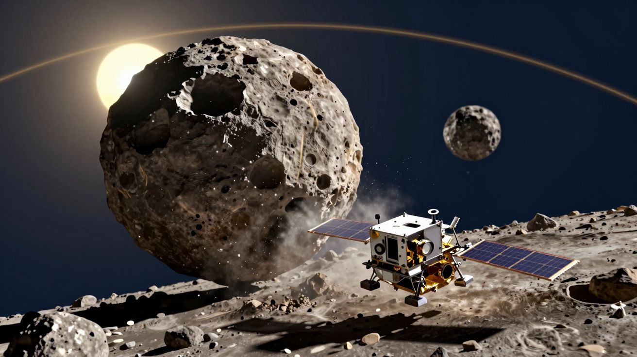 Sonda espacial com painéis solares explora uma superfície rochosa com asteróides e sol ao fundo no espaço.