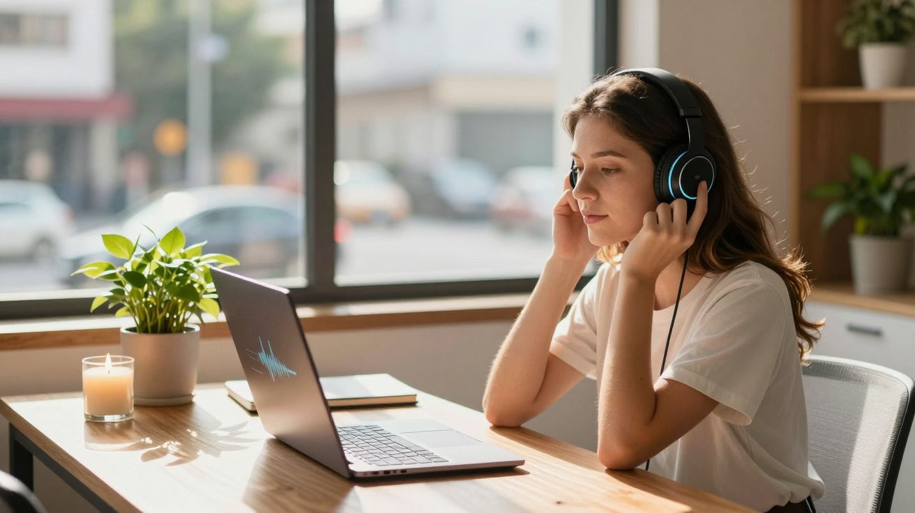 Mulher jovem com auscultadores a trabalhar num portátil junto a uma janela, mesa com planta e vela.