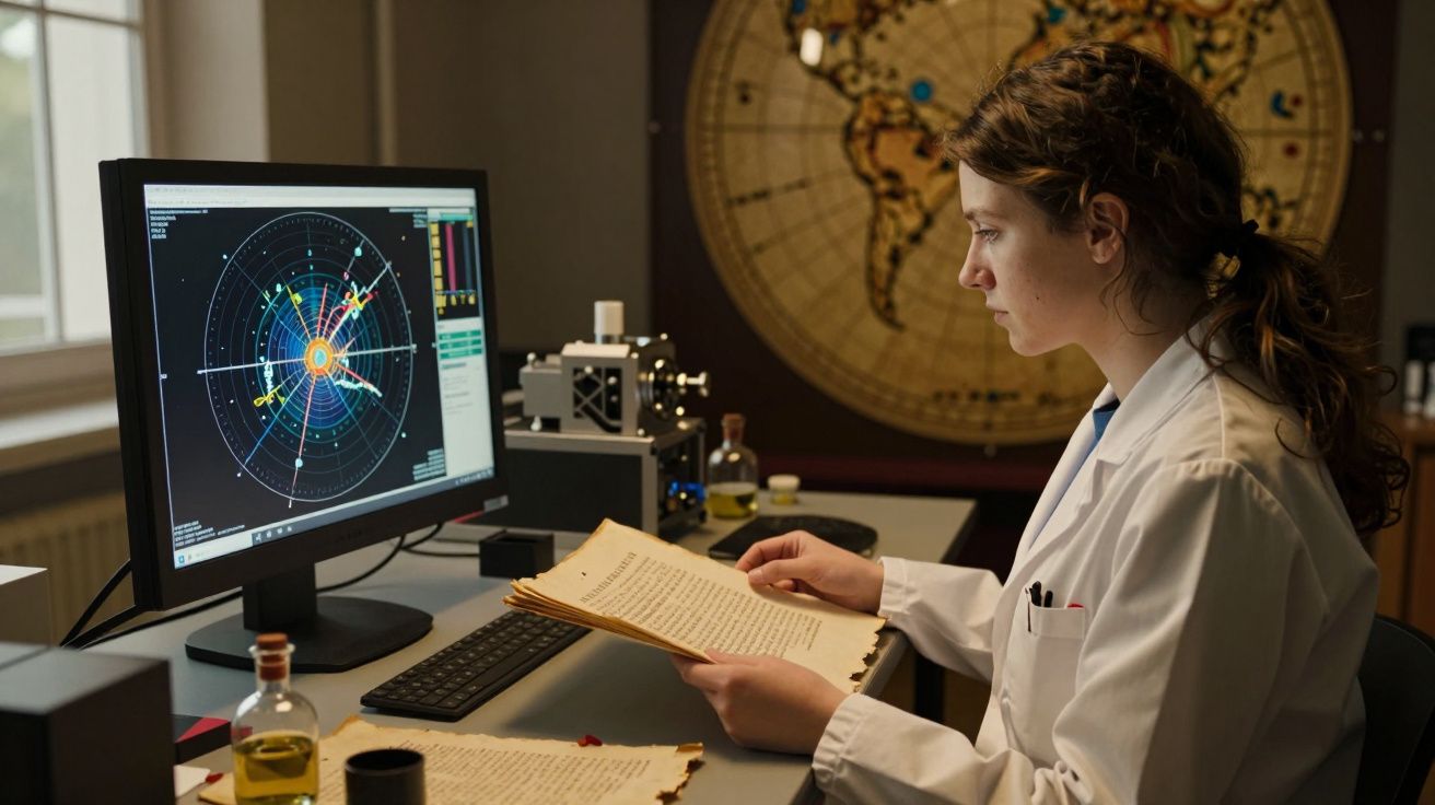 Mulher cientista em bata branca analisa documentos antigos frente a ecrã com mapas e gráficos astronómicos.