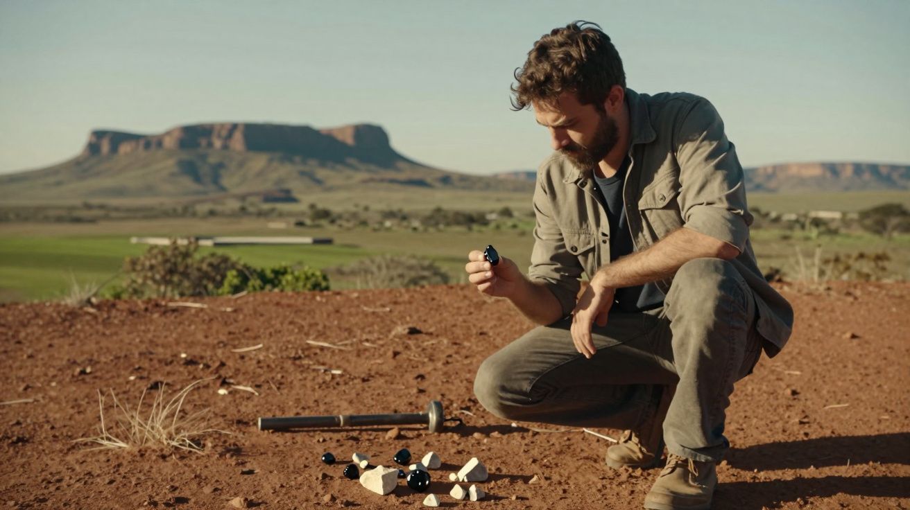 Homem ajoelhado num terreno árido a analisar peças pretas e brancas espalhadas no chão, com montanha ao fundo.