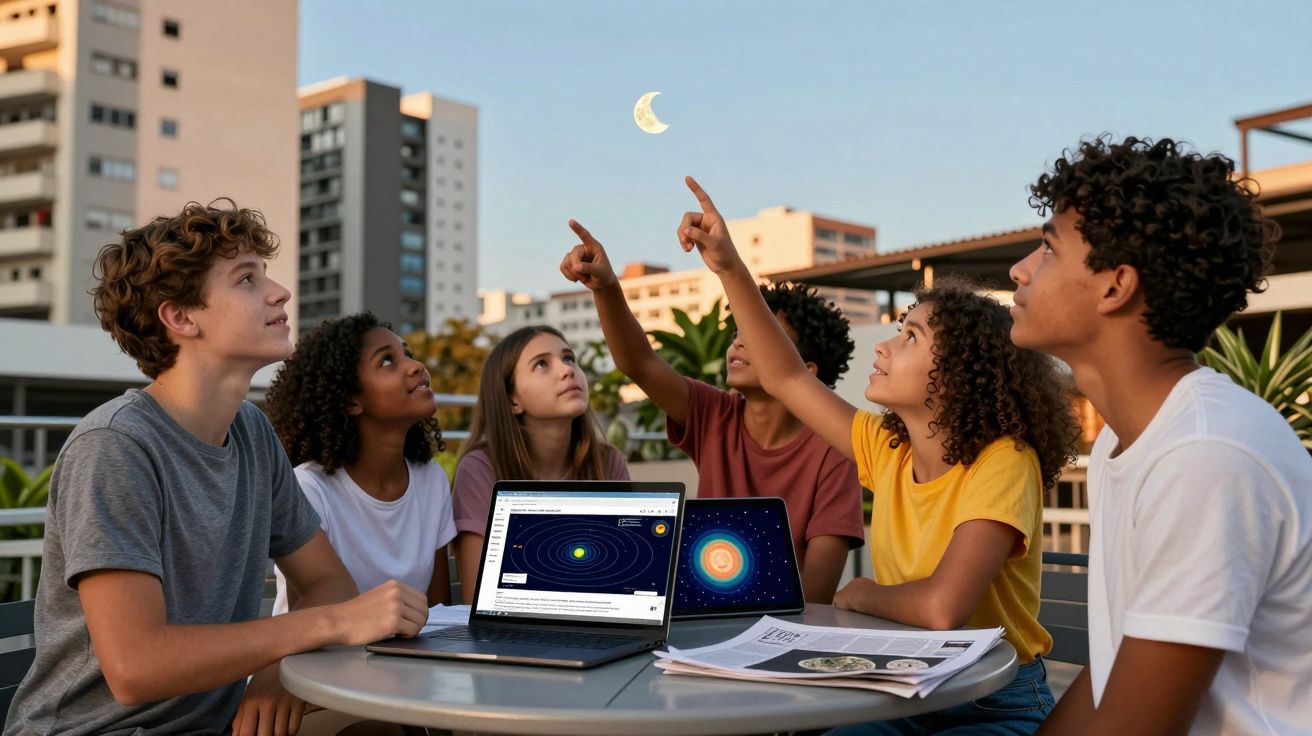 Grupo de jovens sentados à mesa ao ar livre a observar a lua, com laptops e livros de astronomia.